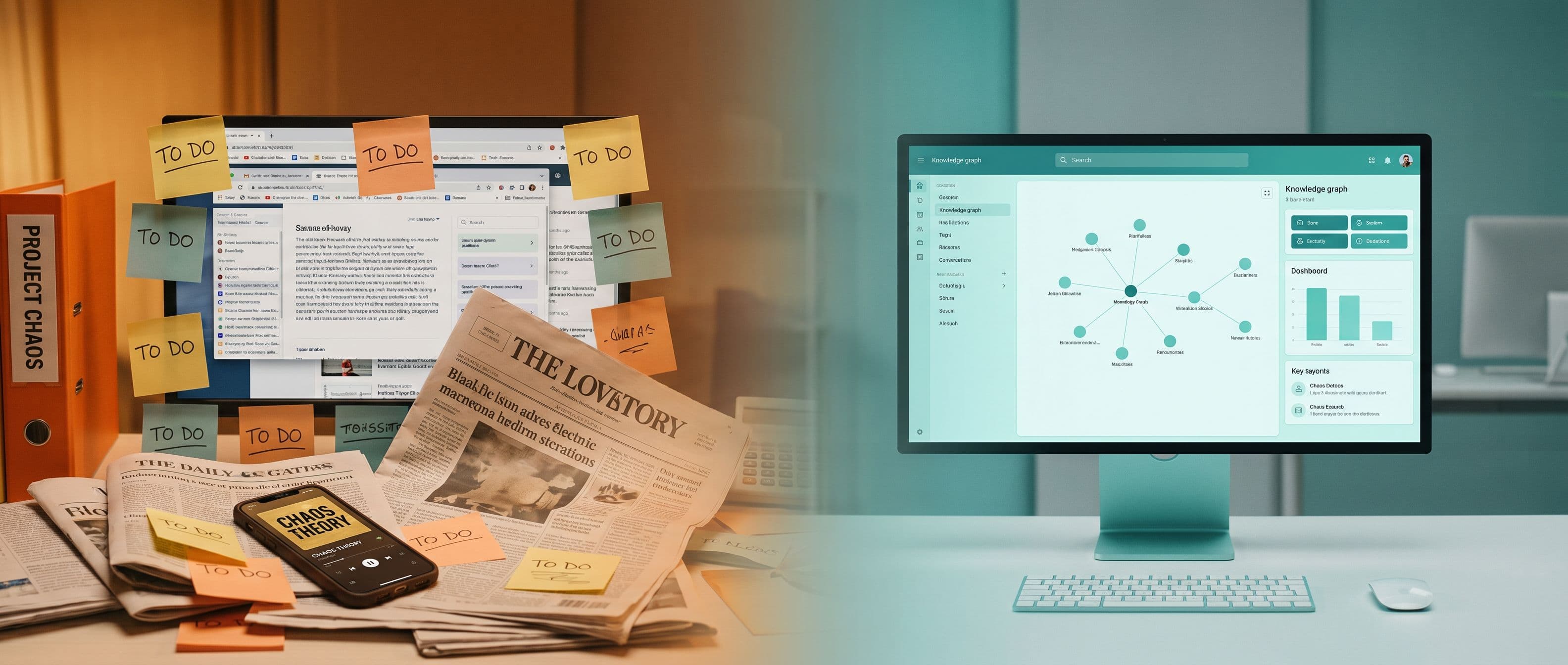 Raw content — articles, video, audio — flowing into a clean organized summary interface.